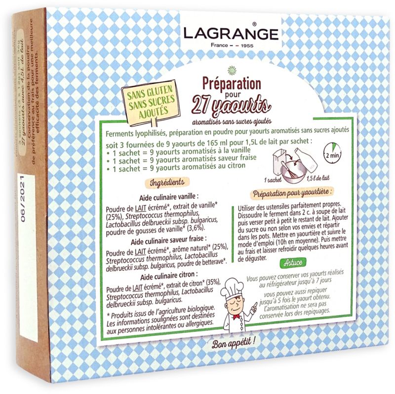 Ferments pour 27 yaourts aromatisés Vanille/Fraise/Citron biologiques -  Lagrange