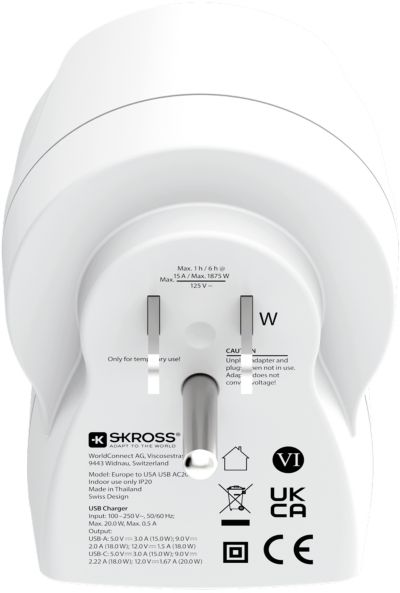 Adaptateur de voyage SKROSS Europe vers USA USB-A + USB-C