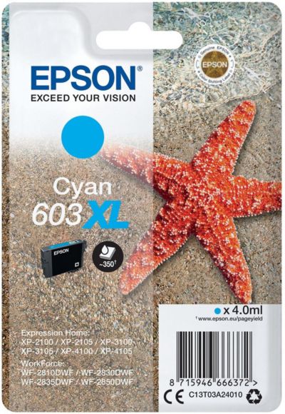 Cartouche d'encre EPSON Originale 603 XL Haute Capacité Cyan - C13T03U24010