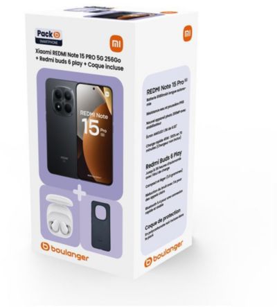 Smartphone XIAOMI Pack REDMI Note 15 Pro 5G 256Go Noir + Redmi buds 6 play blanc + coque incluse